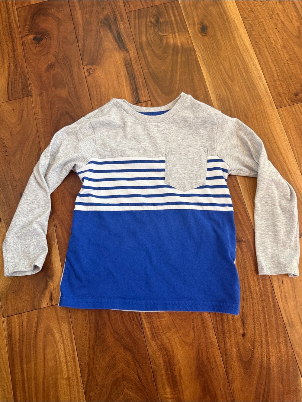 Boys Long Sleeve Gray and Blue Striped Pocket Tee